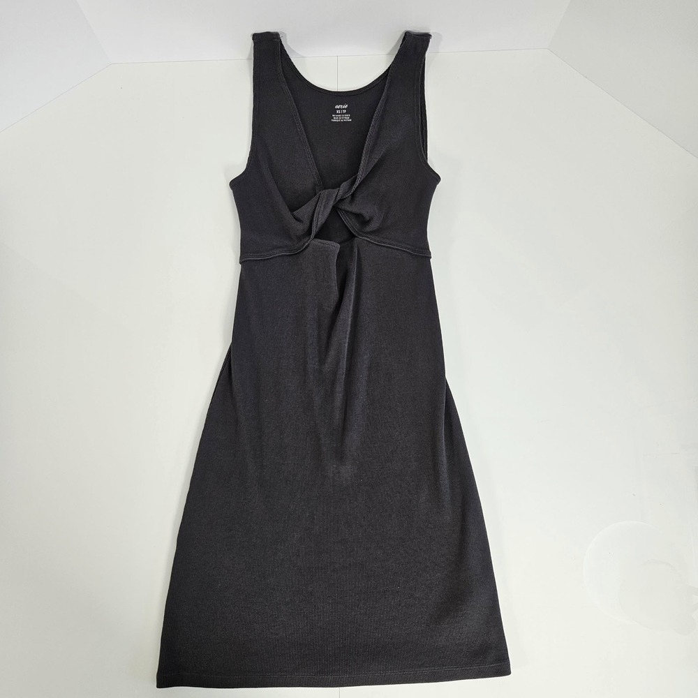Aerie Ribbed Twist Front Keyhole Mini Dress Charcoal Grey XS Sleeveless Bodycon